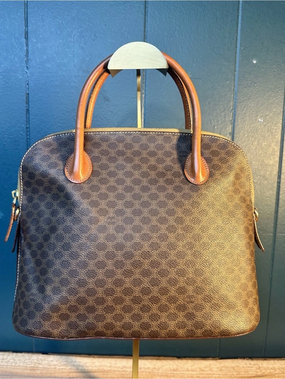 Vintage Celine Macadam Dome Satchel Crossbody Brown PVC Leather Italy 1997